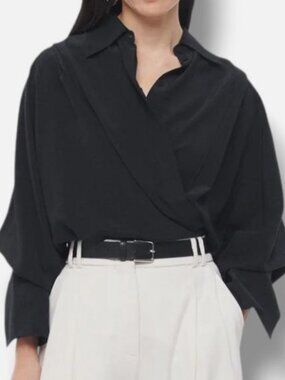 Another Tomorrow Women's Black Convertible Pleated Wrap Shirt Top Size M
